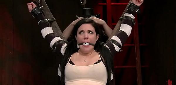 Lesbian sub pussy hooked in bondage